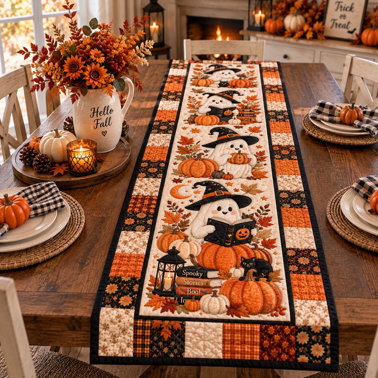 Spooky Ghost Halloween Table Runner, Witch Hat HG Pumpkin Book Lover Decor, Printed Quilt Look Fall Dining Table Centerpiece - Image 3