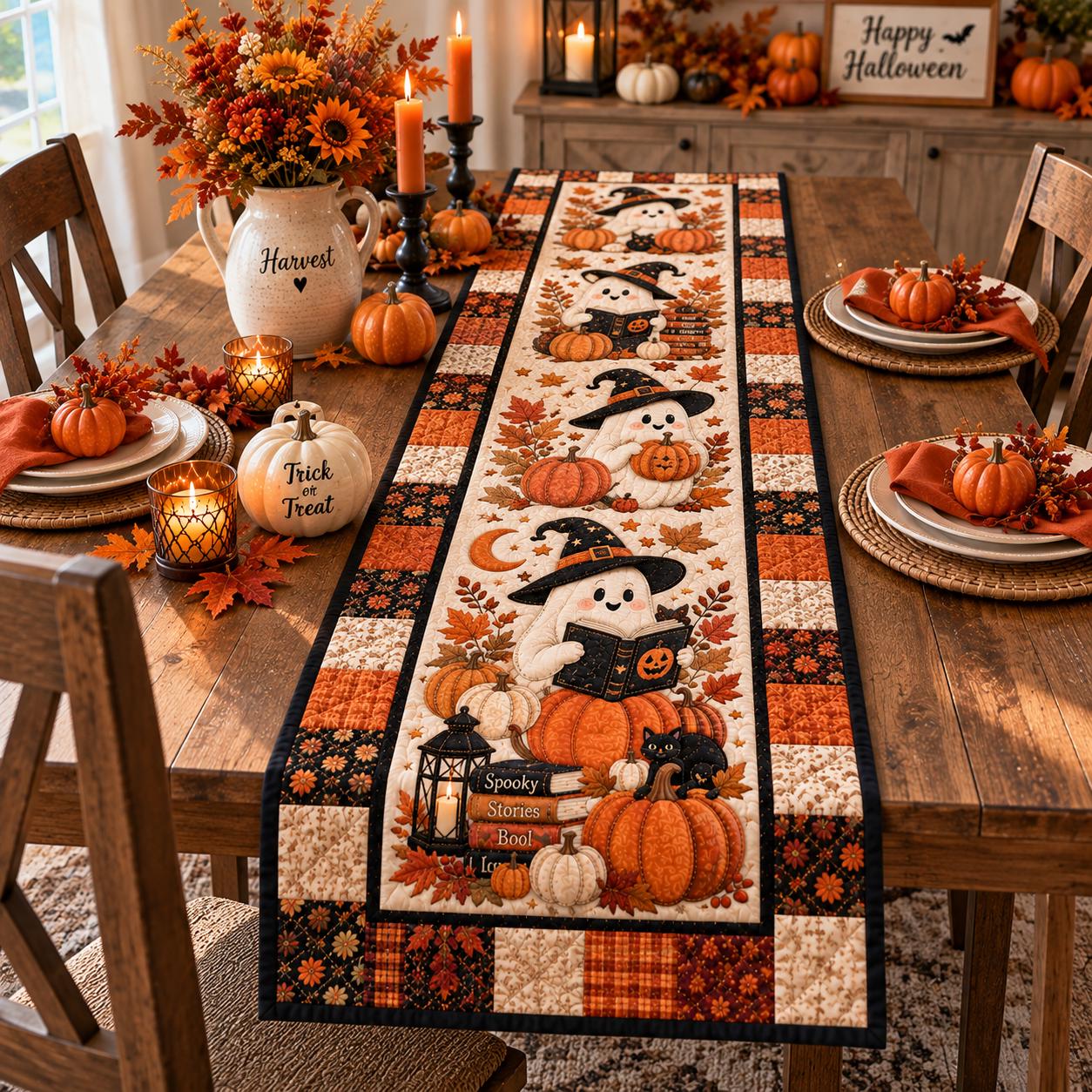 Spooky Ghost Halloween Table Runner, Witch Hat HG Pumpkin Book Lover Decor, Printed Quilt Look Fall Dining Table Centerpiece - Image 4