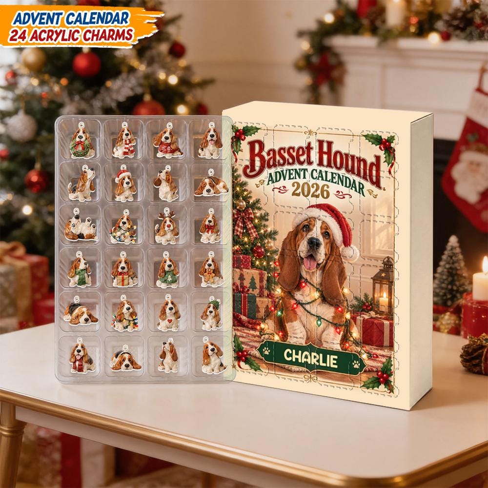 Basset Hound Advent Calendar HG 2026, Personalized Dog Christmas Countdown Box with 24 Acrylic Charms, Dog Lover Gift