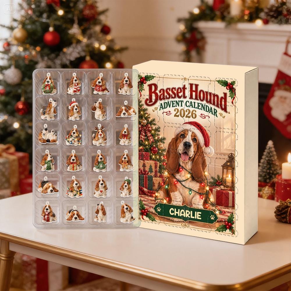 Personalized Basset Hound Advent Calendar HG, 24 Acrylic Charms, Custom Dog Name, Holiday Countdown, Pet Lover Gift - Image 2