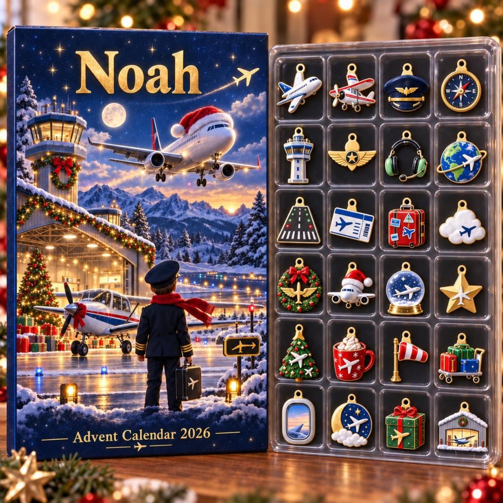 Personalized Pilot Advent Calendar HG, 24 Airplane Christmas Charms, Custom Name Aviation Gift, Holiday Countdown Box