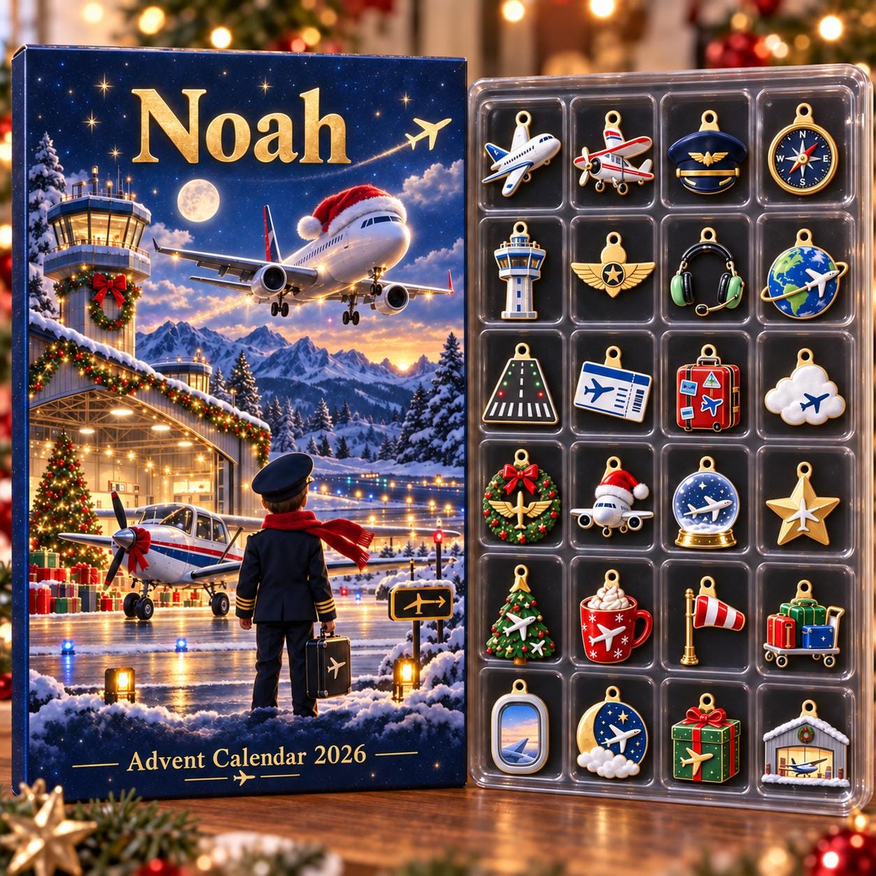 Personalized Pilot Advent Calendar HG, 24 Airplane Christmas Charms, Custom Name Aviation Gift, Holiday Countdown Box