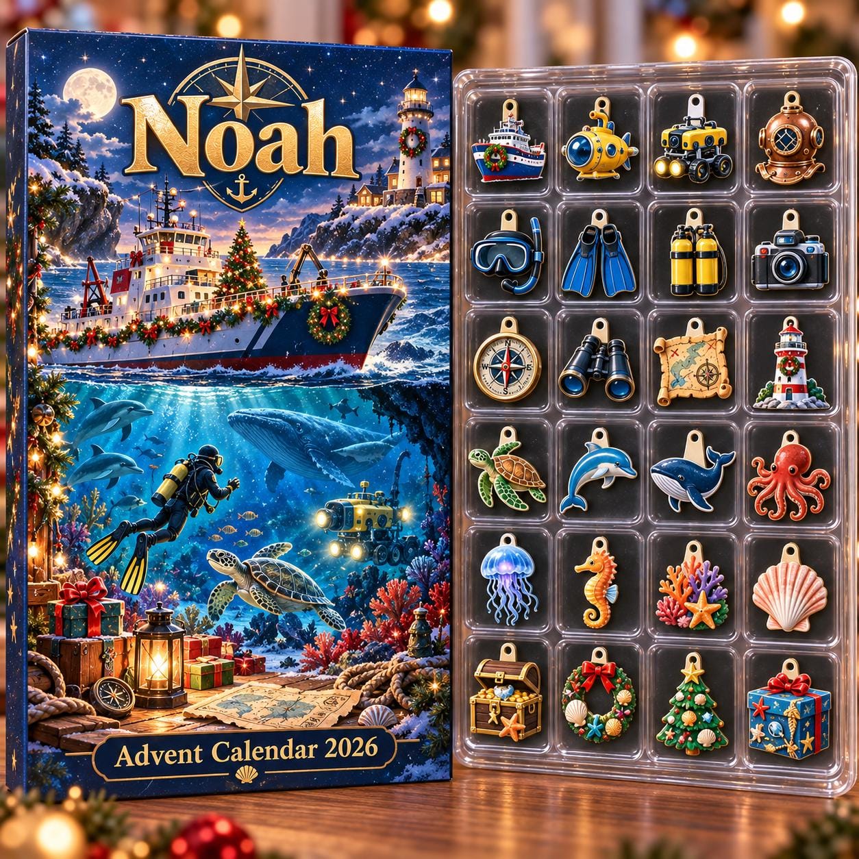 Personalized Nautical Advent Calendar HG, 24 Ocean Explorer Charms, Custom Name Scuba Diver Gift, Christmas Countdown
