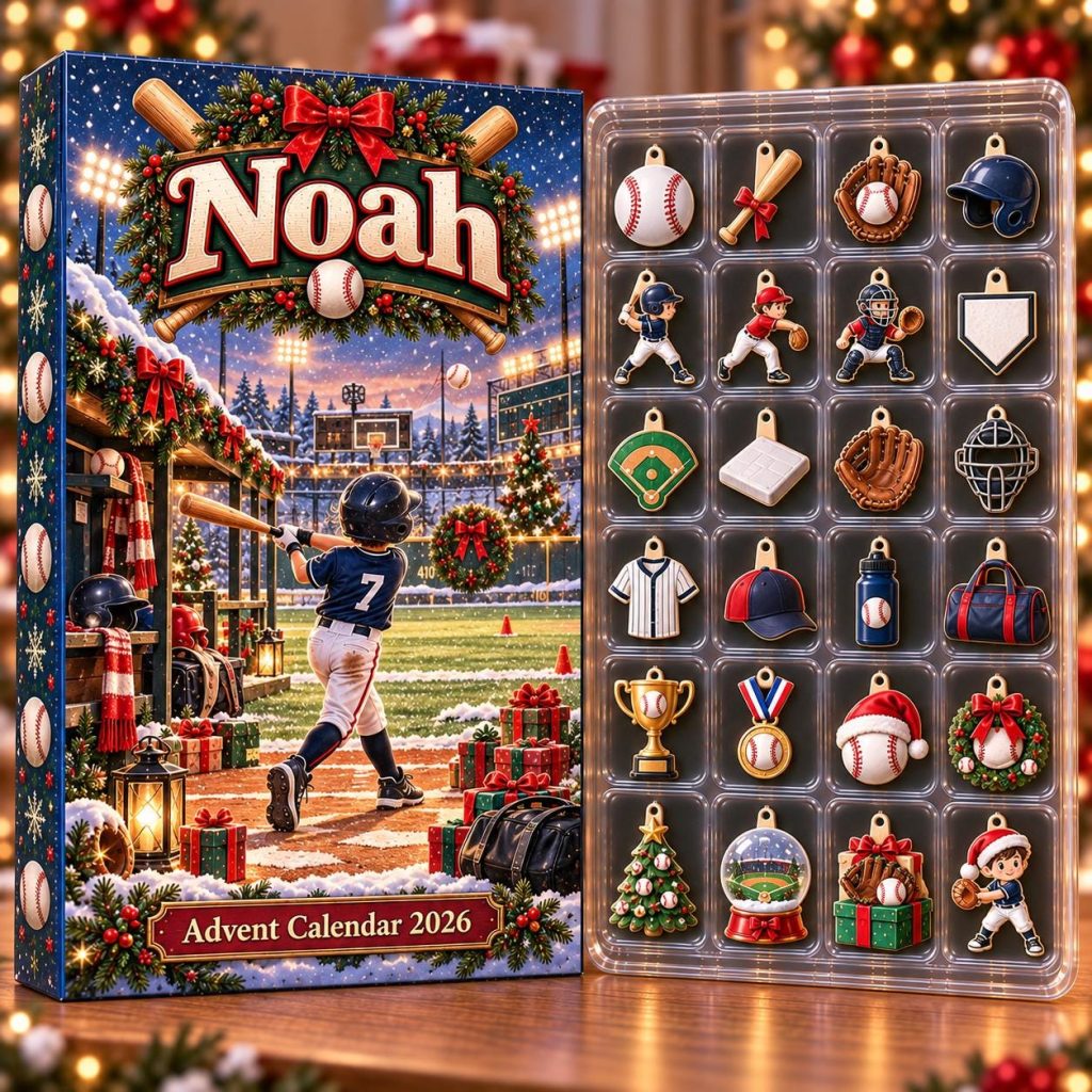 Personalized Baseball Advent Calendar HG 2026, 24 Sports Charms, Custom Name Christmas Countdown Gift for Baseball Players