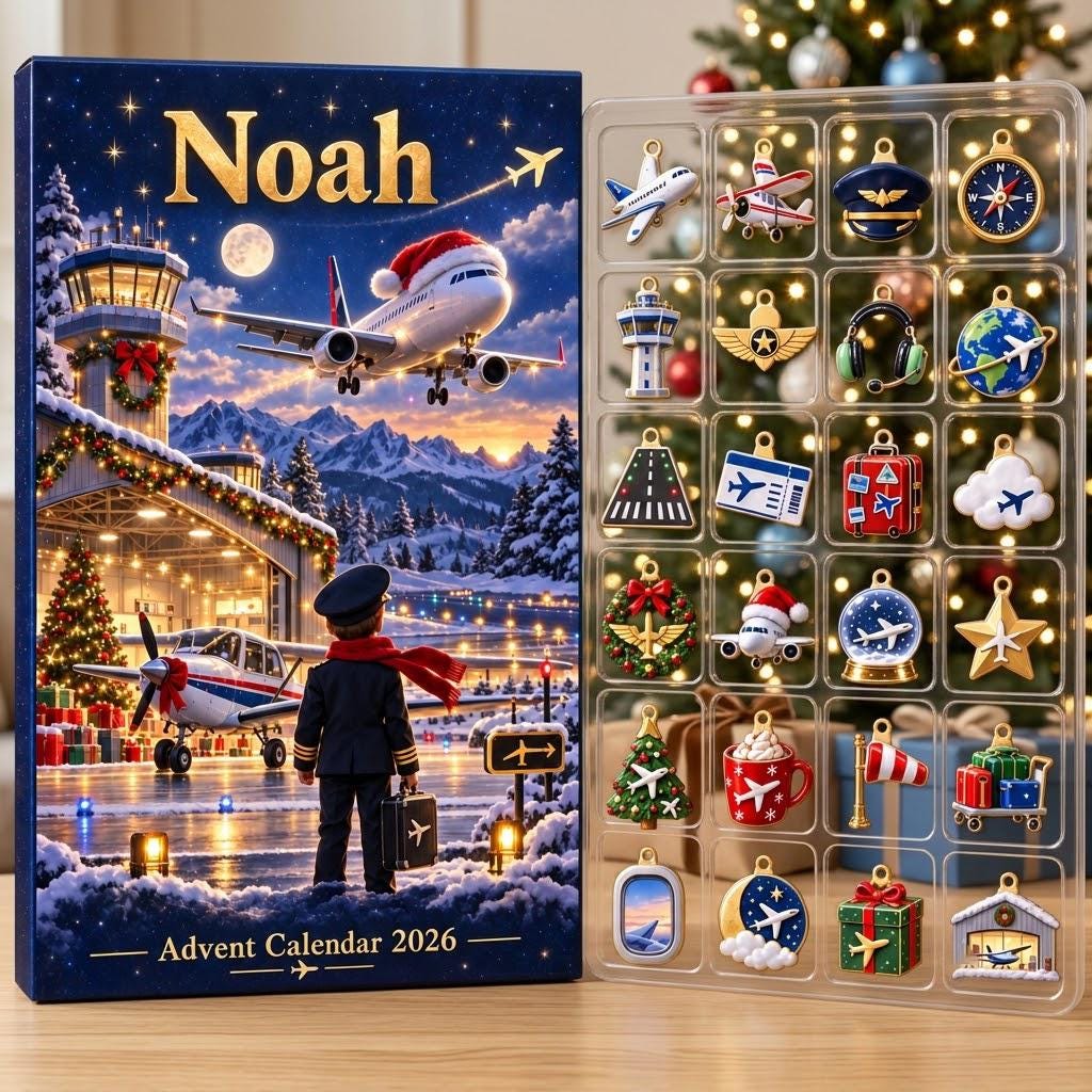 Personalized Pilot Advent Calendar HG, 24 Airplane Christmas Charms, Custom Name Aviation Gift, Holiday Countdown Box - Image 5