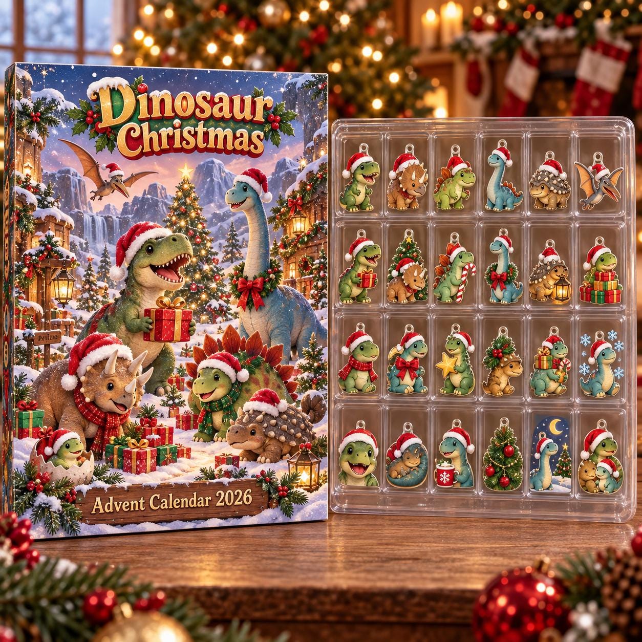 Personalized Dinosaur Christmas Advent Calendar HG 2026, Cute Dino Holiday Countdown, Kids Christmas Gift, Custom Name Advent Box