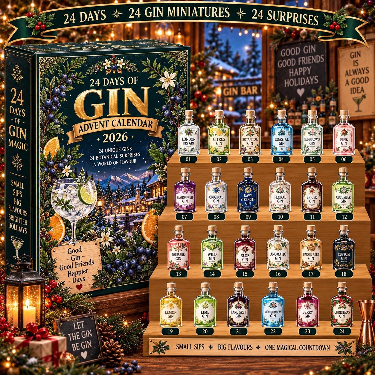 24 Days of Gin Advent Calendar HG, Miniature Botanical Surprises Acrylic Ornaments, Unique Cocktail Christmas Countdown for Liquor Lovers