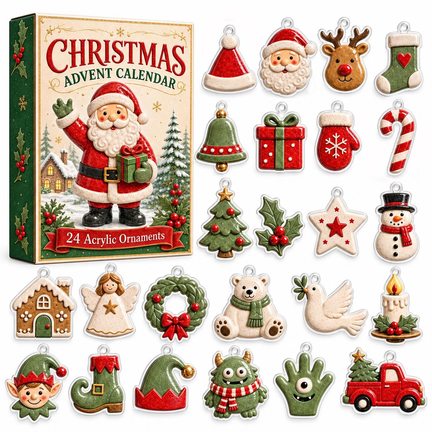 Santa Clause Advent Calendar HG 2026, 24 Day Christmas Countdown, Acrylic Nativity Ornaments, Calendar Christmas Gift for Kids & Family