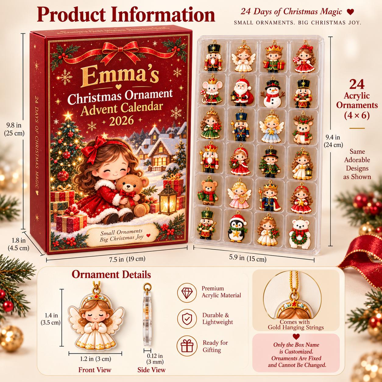 Personalized Nutcracker Advent Calendar HG 2026, 24 Acrylic Christmas Ornaments, Kids Holiday Countdown Box, Christmas Keepsake Gift - Image 8