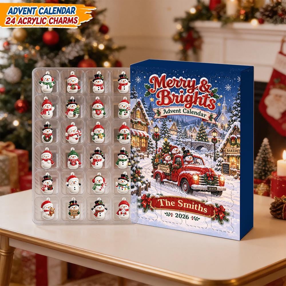 Personalized Christmas Advent Calendar HG 2026, 24 Snowman Acrylic Charms Countdown Box Gift