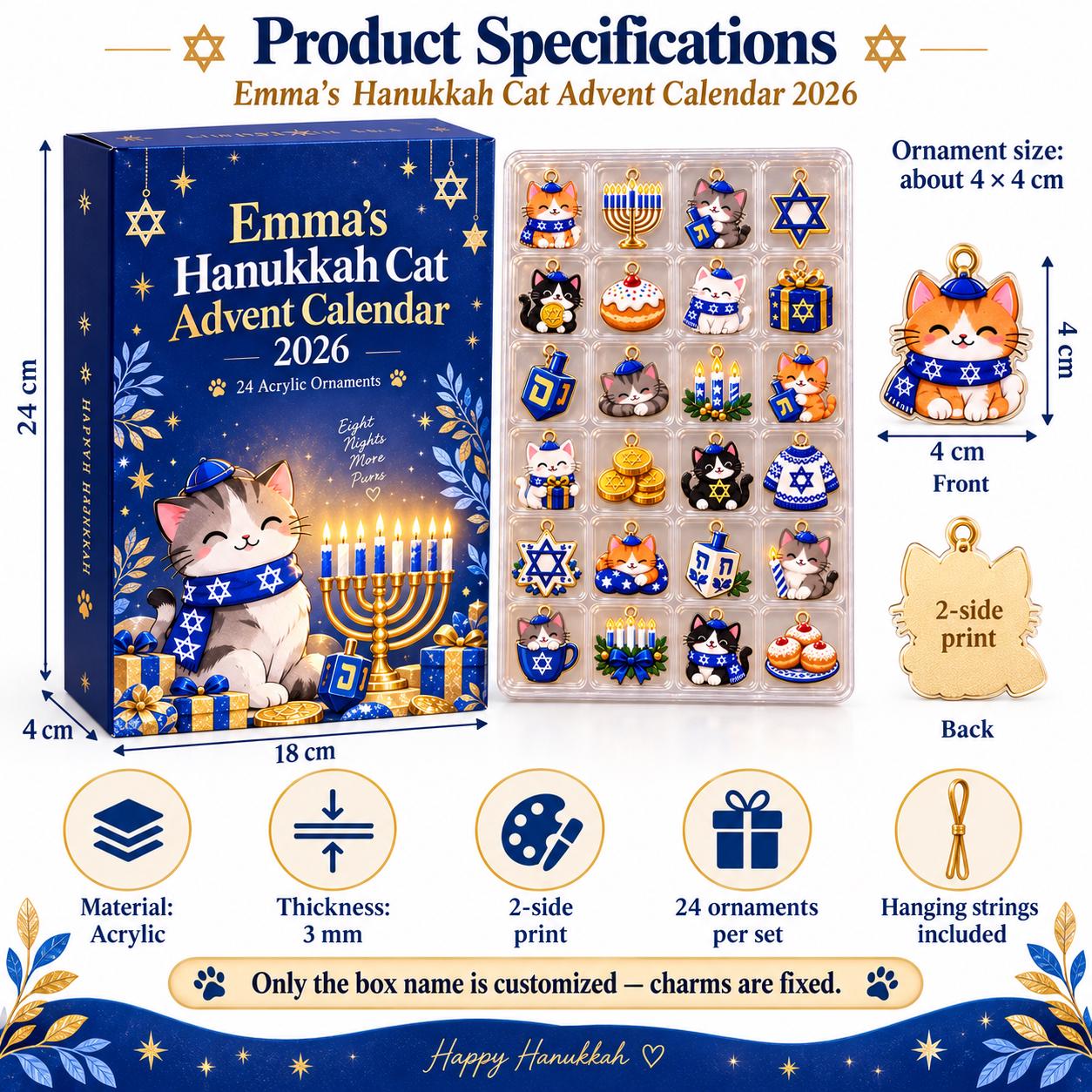 Personalized Hanukkah Cat Advent Calendar HG 2026, 24 Acrylic Ornaments Countdown Box, Jewish Holiday Gift for Kids & Family - Image 5