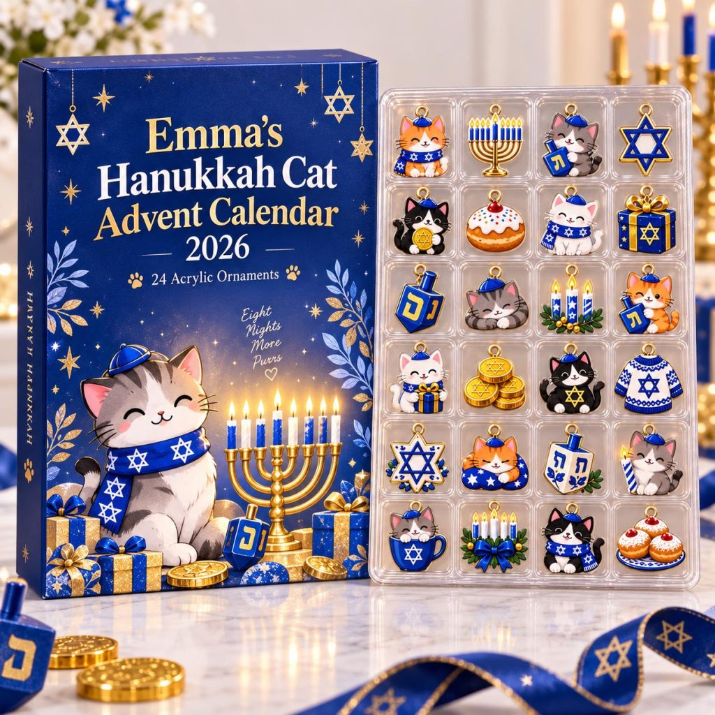Personalized Hanukkah Cat Advent Calendar HG 2026, 24 Acrylic Ornaments Countdown Box, Jewish Holiday Gift for Kids & Family