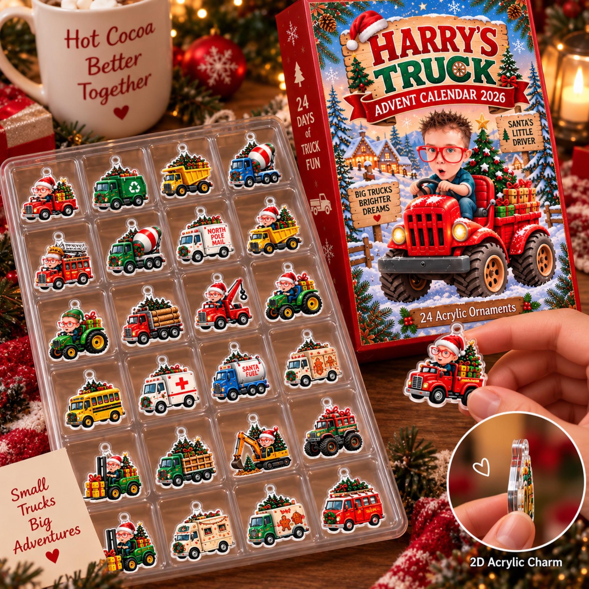 Personalized Truck Advent Calendar HG 2026, Custom Photo & Name, 24 Acrylic Truck Ornaments, Kids Christmas Countdown, Truck Lover Gift - Image 5