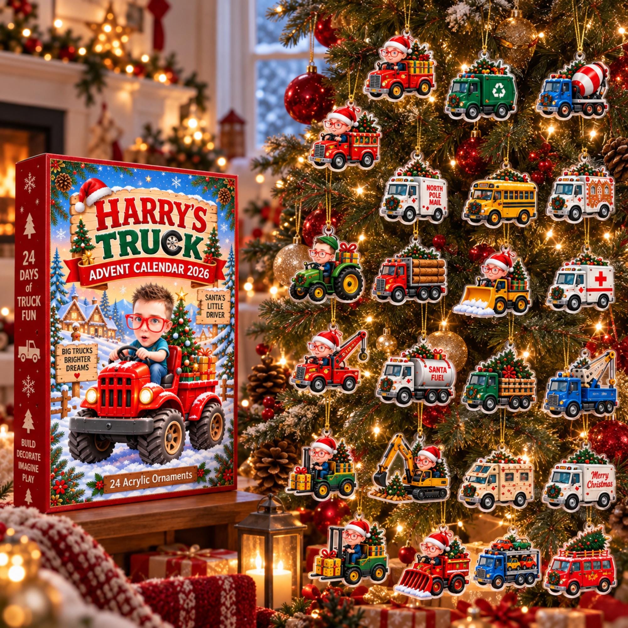 Personalized Truck Advent Calendar HG 2026, Custom Photo & Name, 24 Acrylic Truck Ornaments, Kids Christmas Countdown, Truck Lover Gift - Image 9