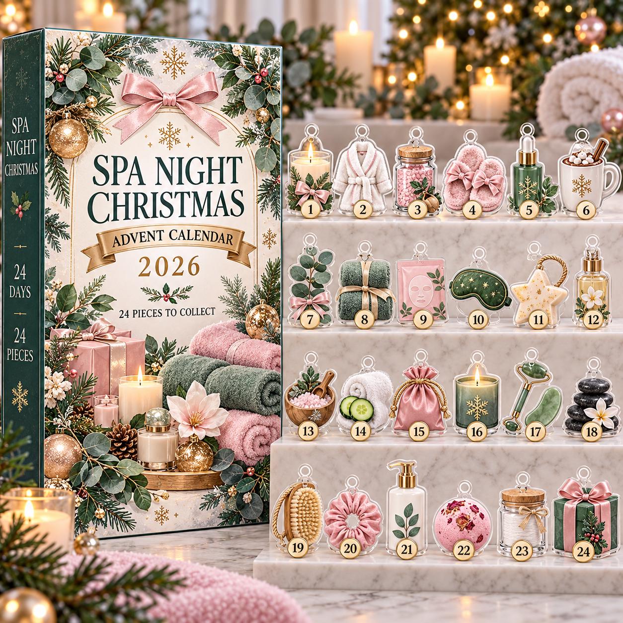 Spa Night Christmas Advent Calendar HG 2026, 24 Acrylic Ornament Countdown, Self Care Holiday Gift for Her