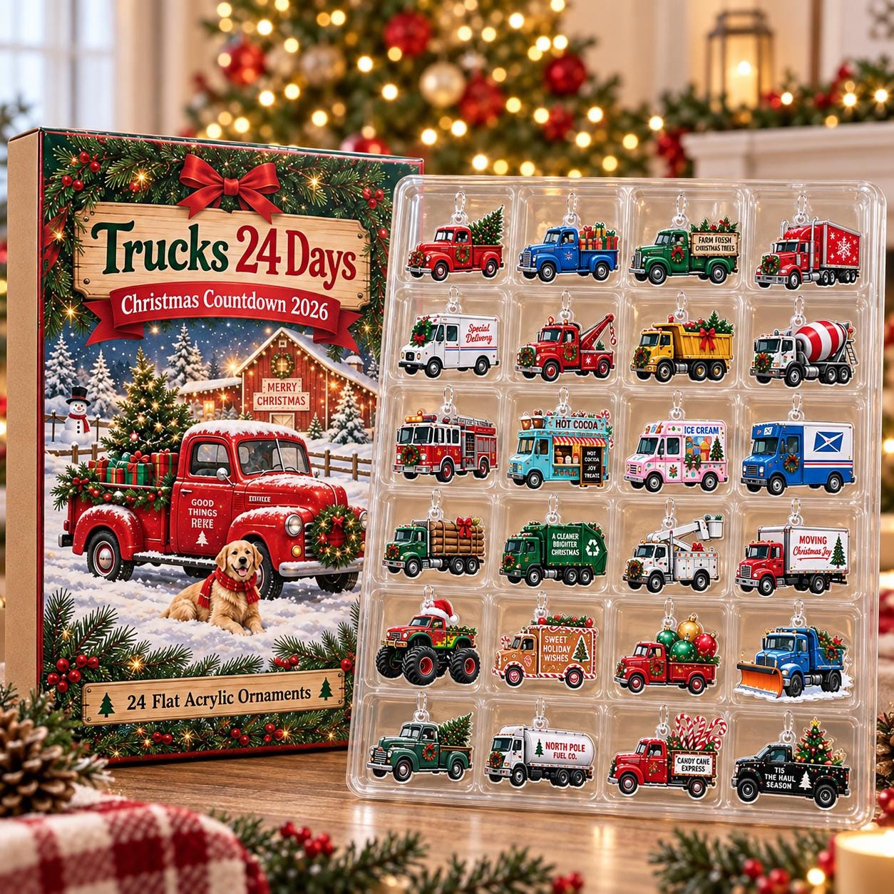 Truck Advent Calendar HG 2026, 24 Acrylic Vehicle Ornaments, Christmas Countdown Box, Truck Lover Gift for Kids and Families