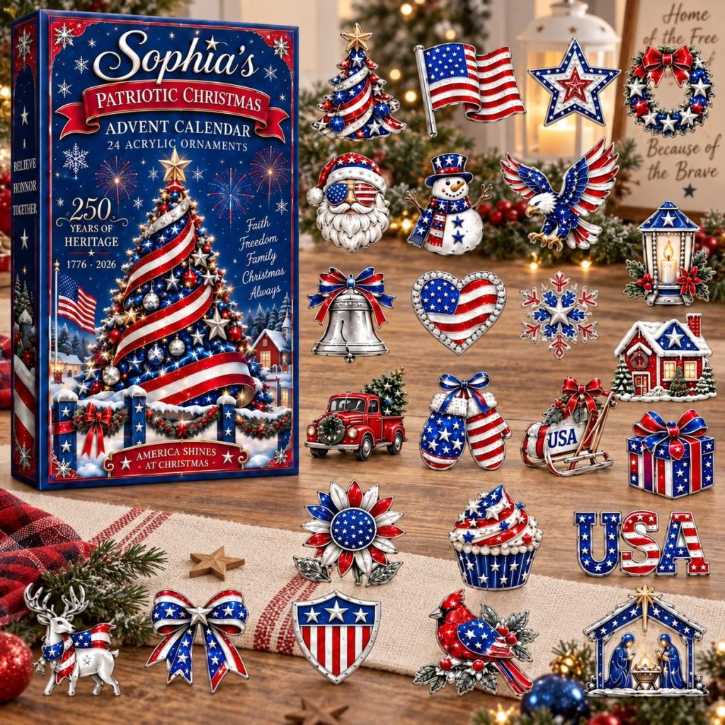 Personalized Patriotic Christmas Advent Calendar HG, 24 Acrylic Ornaments Countdown, USA Holiday Decor, American Christmas Gift
