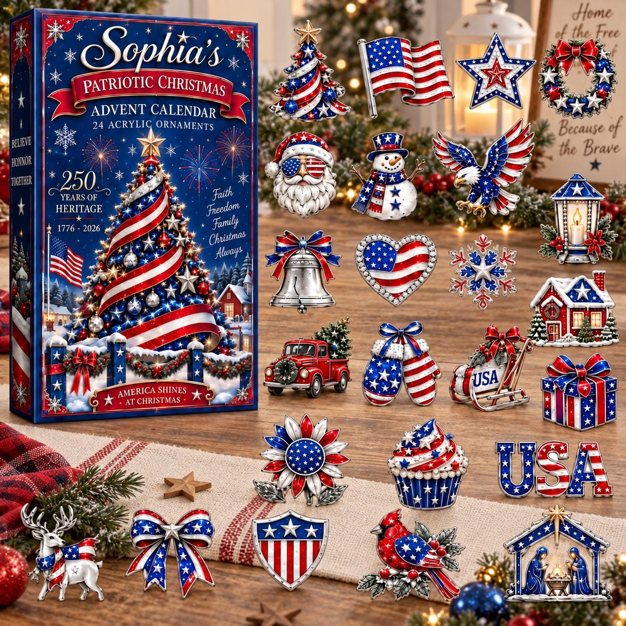 Personalized Patriotic Christmas Advent Calendar HG, 24 Acrylic Ornaments Countdown, USA Holiday Decor, American Christmas Gift