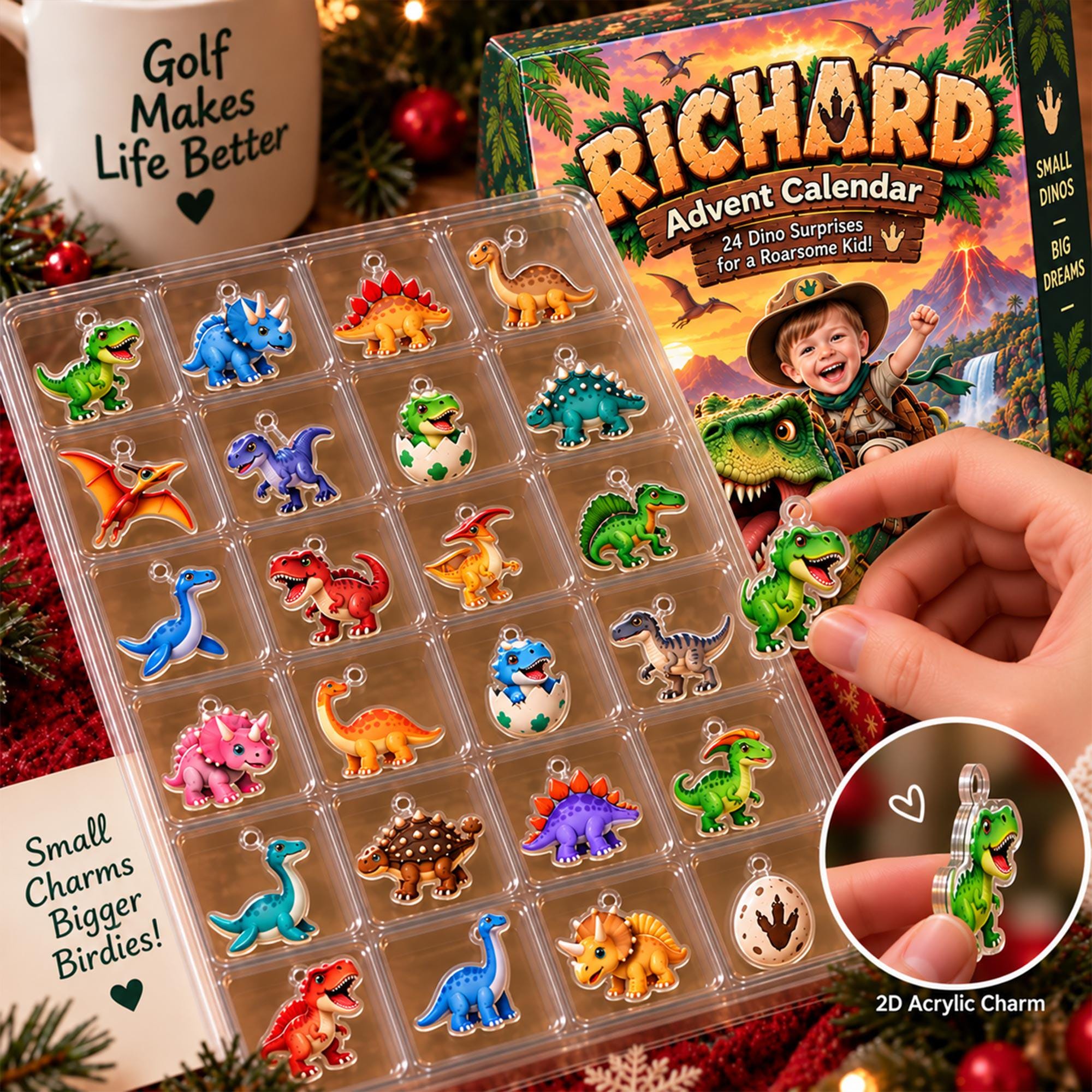 Personalized Dinosaur Advent Calendar HG, Custom Photo & Name, 24 Acrylic Dino Ornaments - Image 4