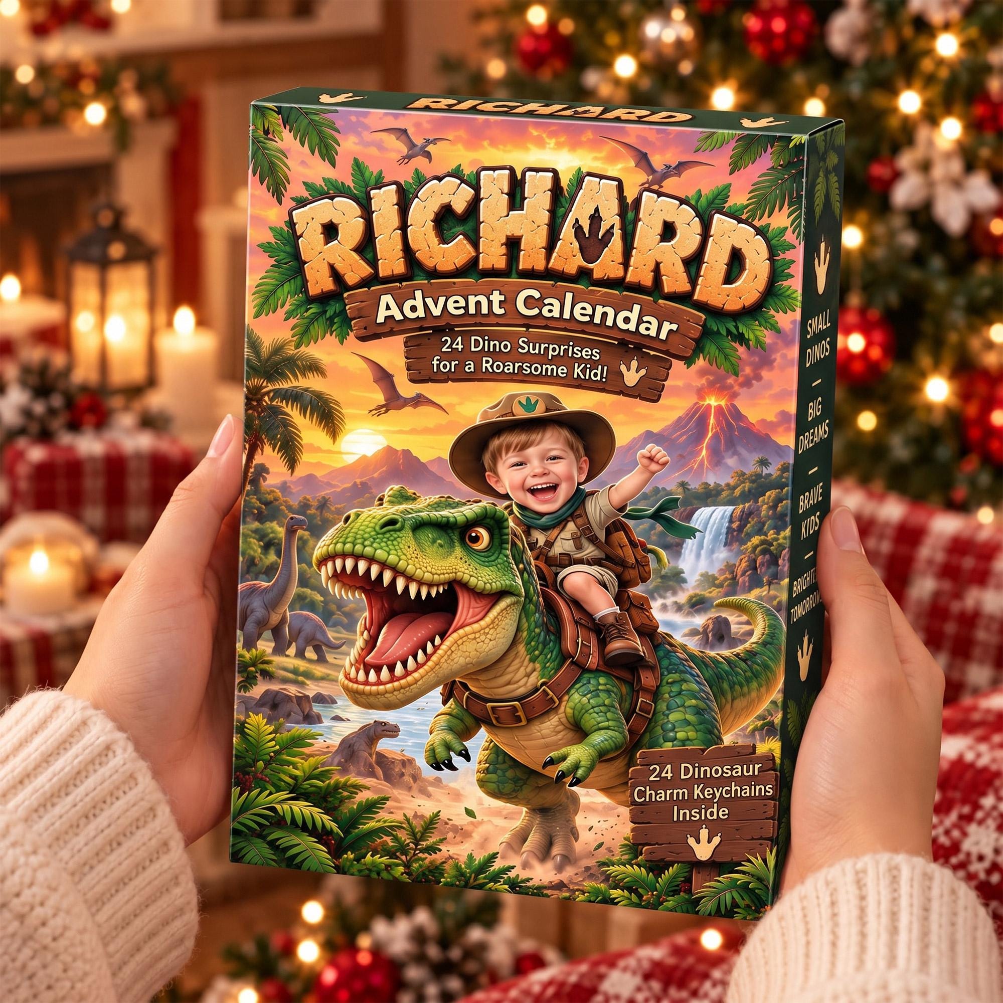 Personalized Dinosaur Advent Calendar HG, Custom Photo & Name, 24 Acrylic Dino Ornaments - Image 2