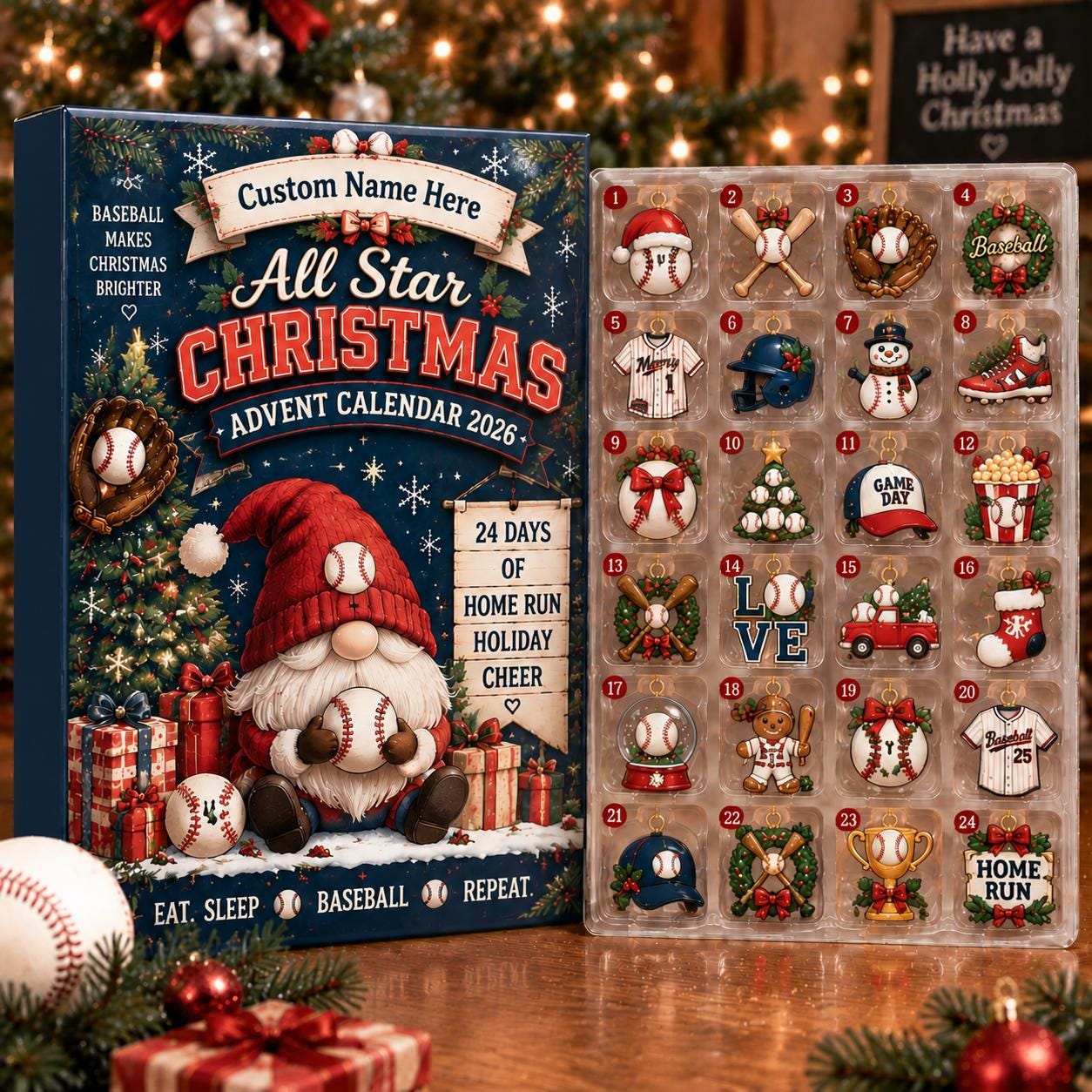 Baseball Advent Calendar HG 2026, Christmas Countdown Box, 24 Baseball Charms, Personalized Name Holiday Keepsake, Baseball Player Gift