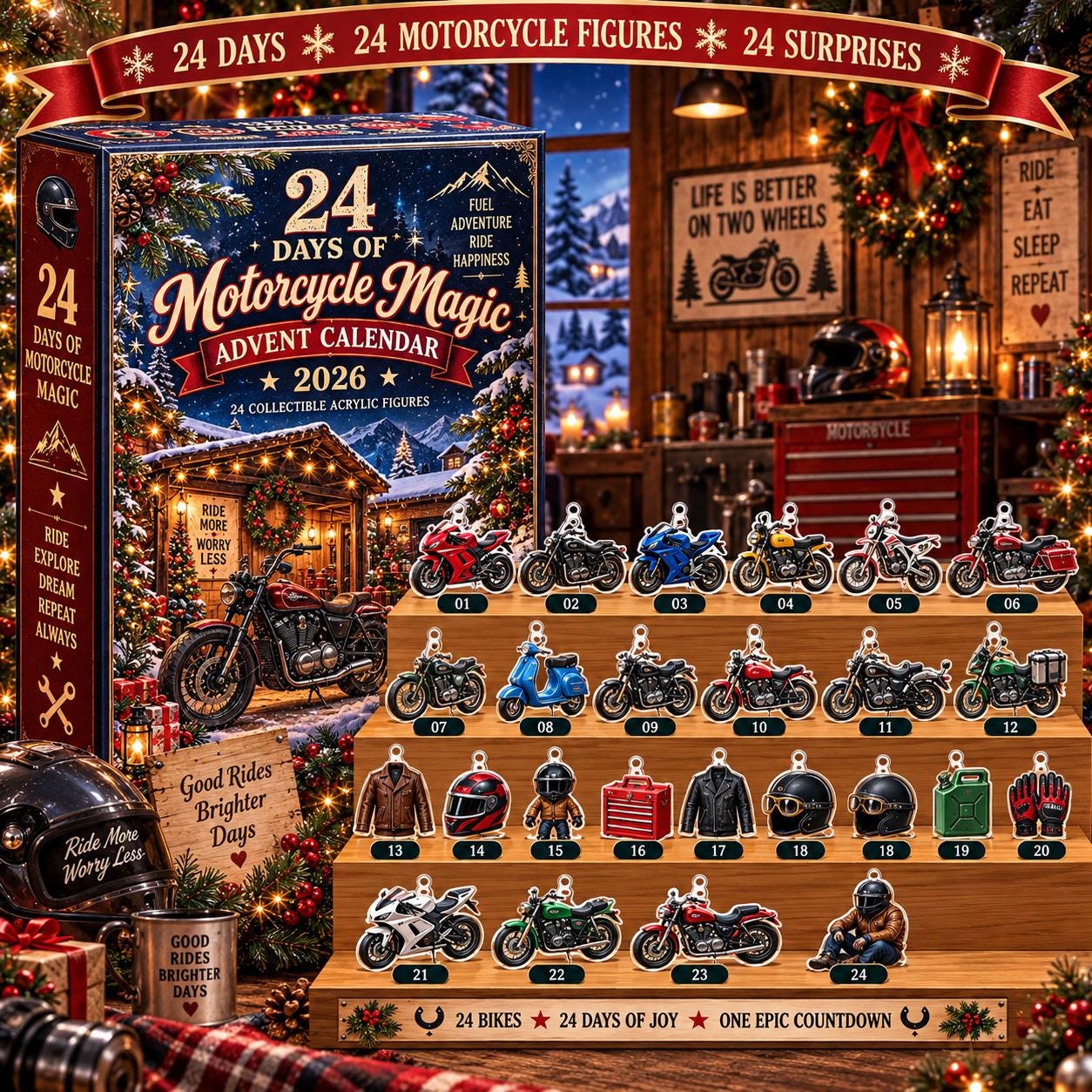 24 Days of Motorcycle Magic Advent Calendar HG, Collectible Bikes and Gear Acrylic Ornaments, Christmas Countdown Gift for Bikers