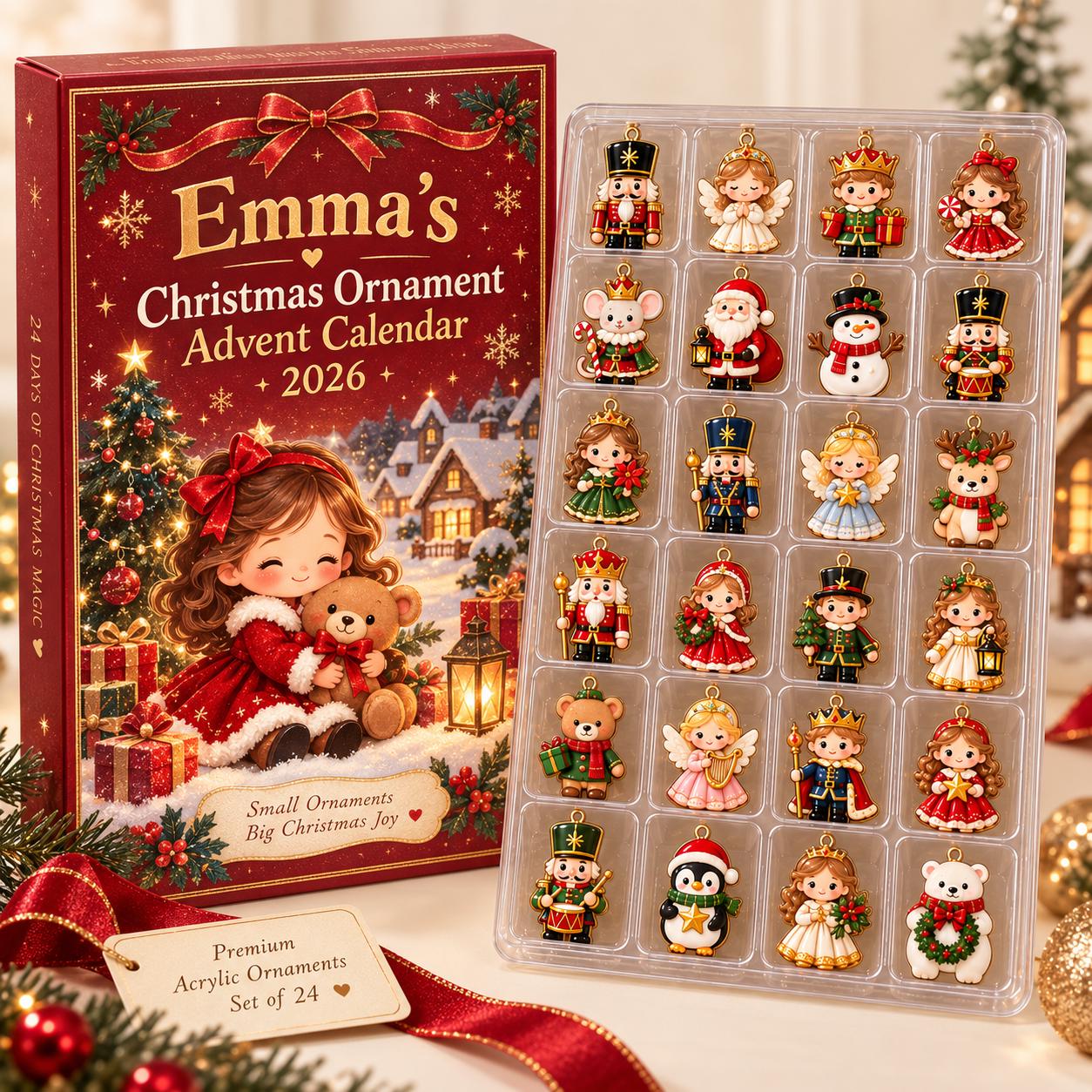 Personalized Nutcracker Advent Calendar HG 2026, 24 Acrylic Christmas Ornaments, Kids Holiday Countdown Box, Christmas Keepsake Gift