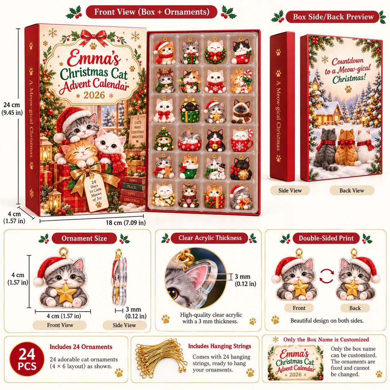 Personalized Christmas Cat Advent Calendar HG 2026, 24 Acrylic Cat Ornaments, 24 Day Countdown Box, Cat Lover Gift, Pet Family Keepsake - Image 3