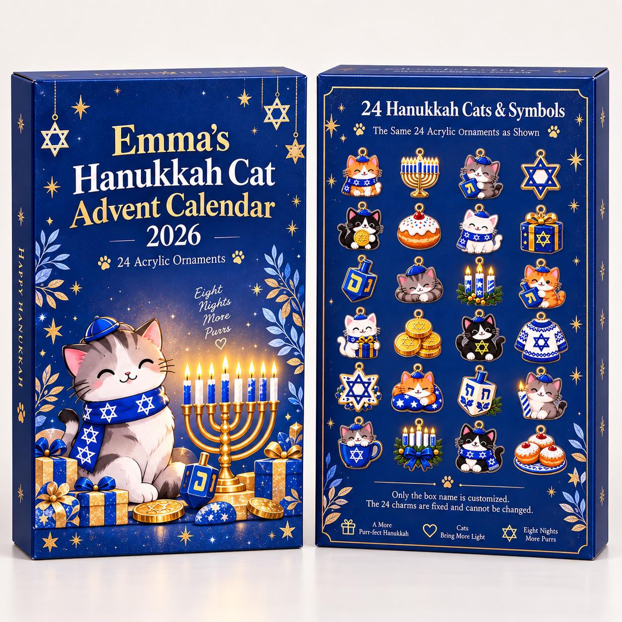 Personalized Hanukkah Cat Advent Calendar HG 2026, 24 Acrylic Ornaments Countdown Box, Jewish Holiday Gift for Kids & Family - Image 2