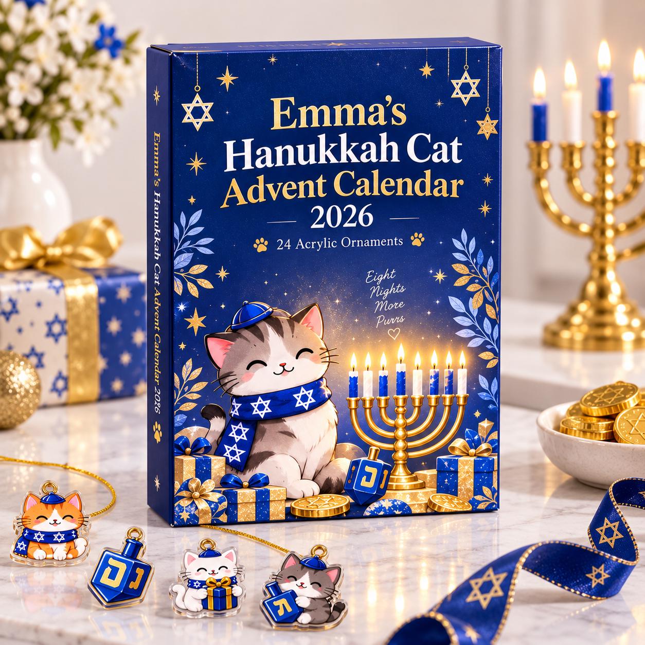Personalized Hanukkah Cat Advent Calendar HG 2026, 24 Acrylic Ornaments Countdown Box, Jewish Holiday Gift for Kids & Family - Image 6