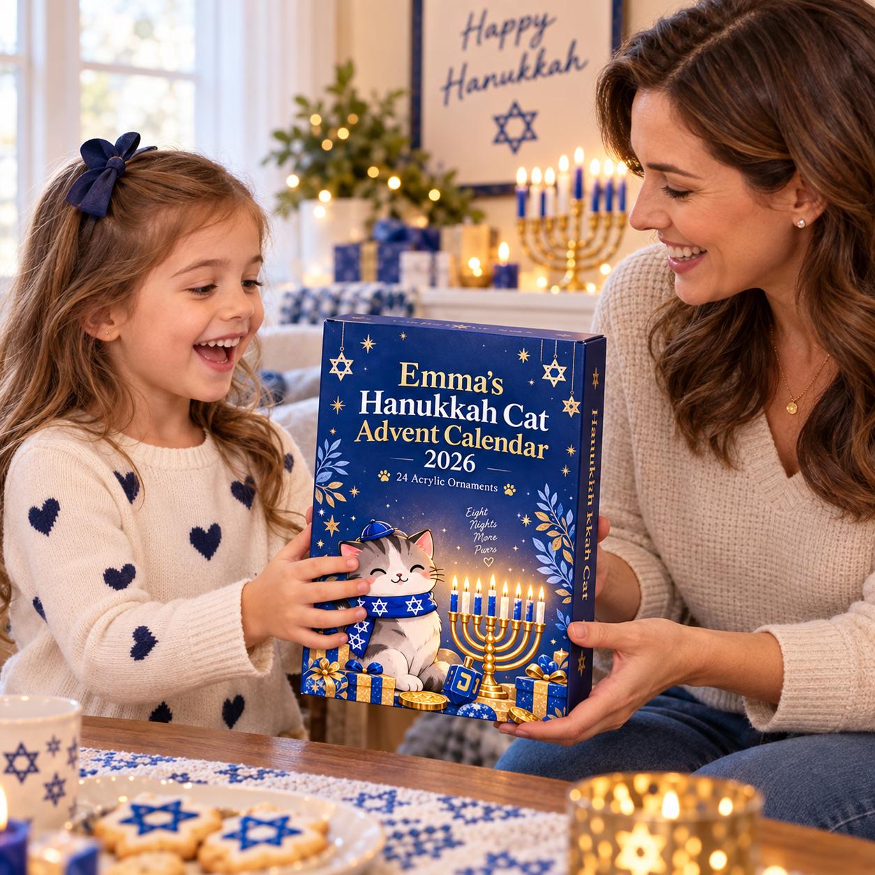 Personalized Hanukkah Cat Advent Calendar HG 2026, 24 Acrylic Ornaments Countdown Box, Jewish Holiday Gift for Kids & Family - Image 7