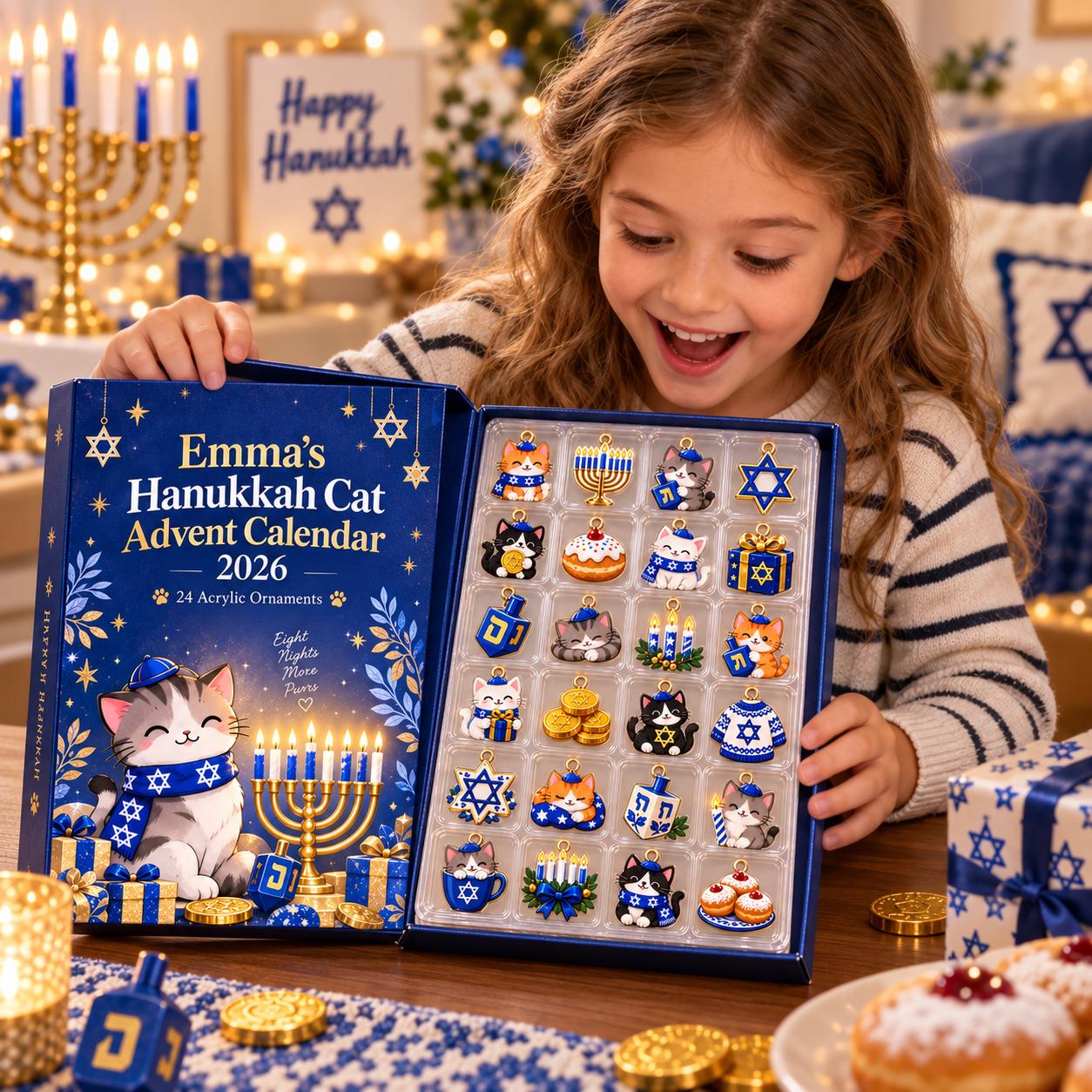 Personalized Hanukkah Cat Advent Calendar HG 2026, 24 Acrylic Ornaments Countdown Box, Jewish Holiday Gift for Kids & Family - Image 4