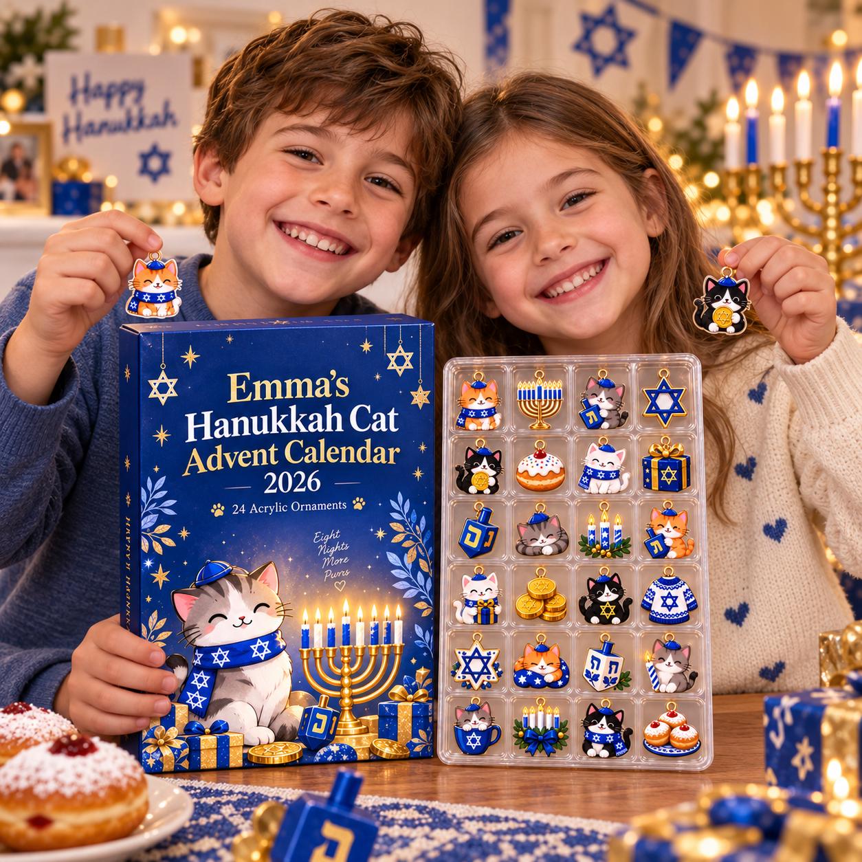 Personalized Hanukkah Cat Advent Calendar HG 2026, 24 Acrylic Ornaments Countdown Box, Jewish Holiday Gift for Kids & Family - Image 9