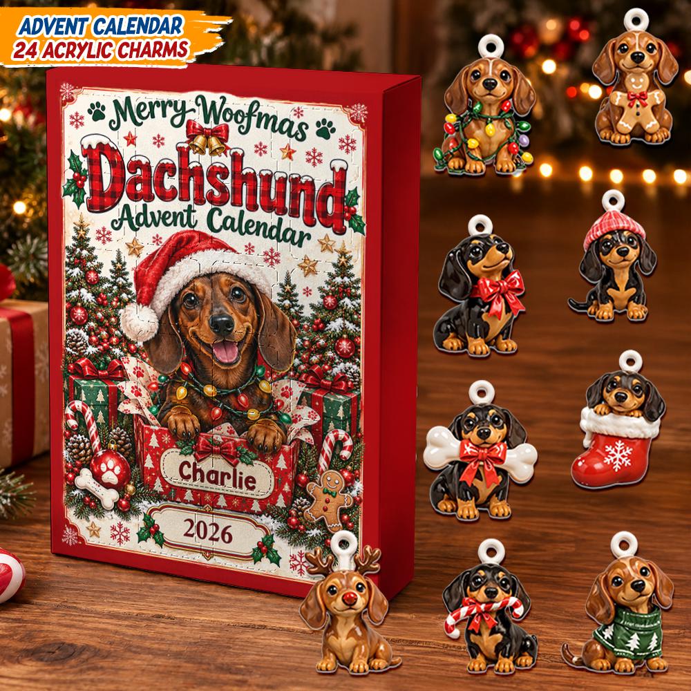 Personalized Dachshund Advent Calendar HG, 24 Acrylic Charms, Custom Dog Christmas Countdown Gift Set