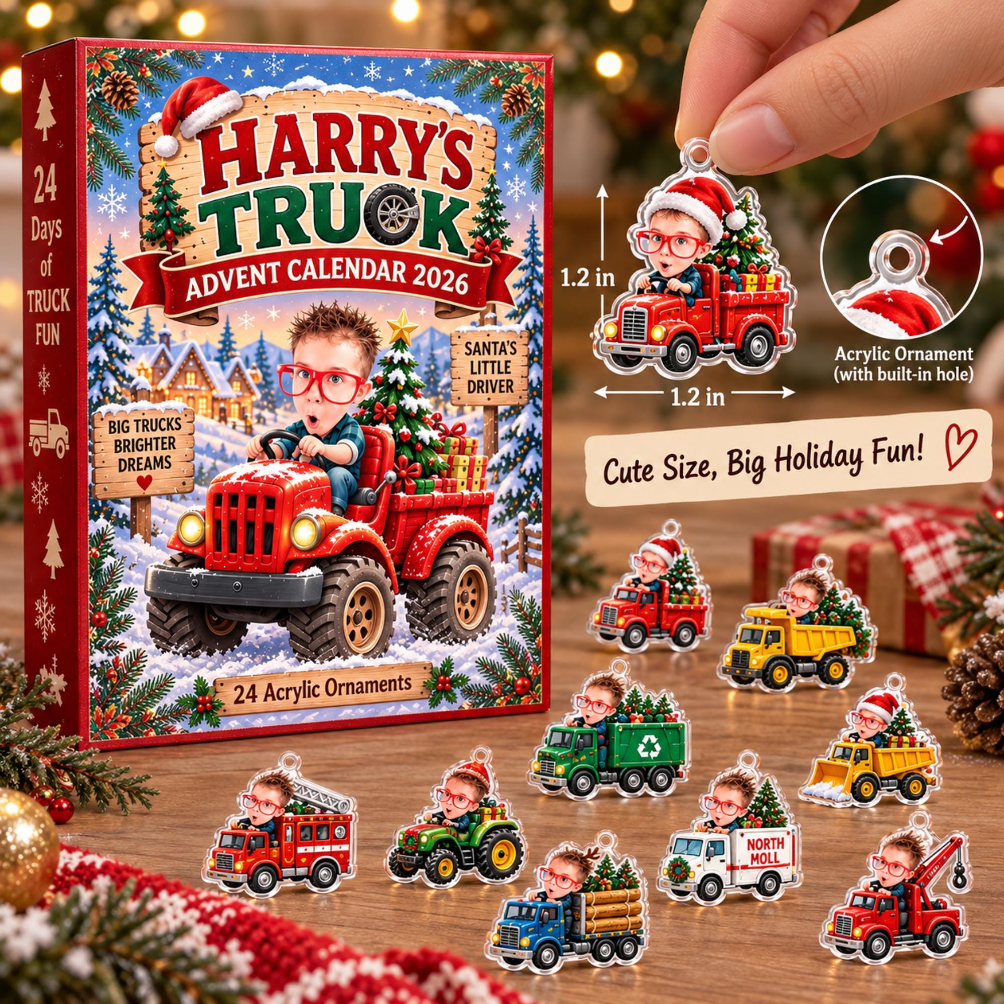 Personalized Truck Advent Calendar HG 2026, Custom Photo & Name, 24 Acrylic Truck Ornaments, Kids Christmas Countdown, Truck Lover Gift - Image 4