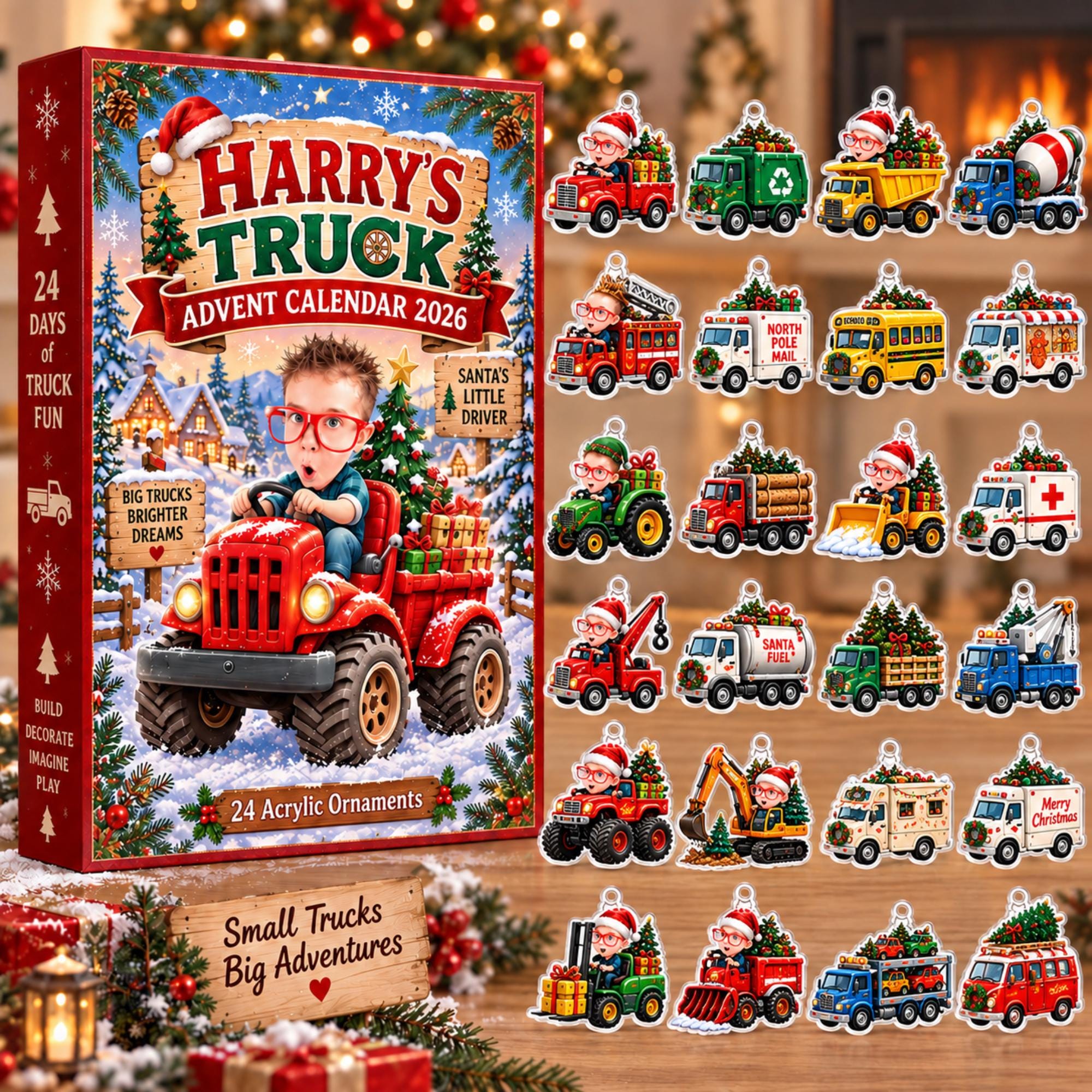 Personalized Truck Advent Calendar HG 2026, Custom Photo & Name, 24 Acrylic Truck Ornaments, Kids Christmas Countdown, Truck Lover Gift - Image 2