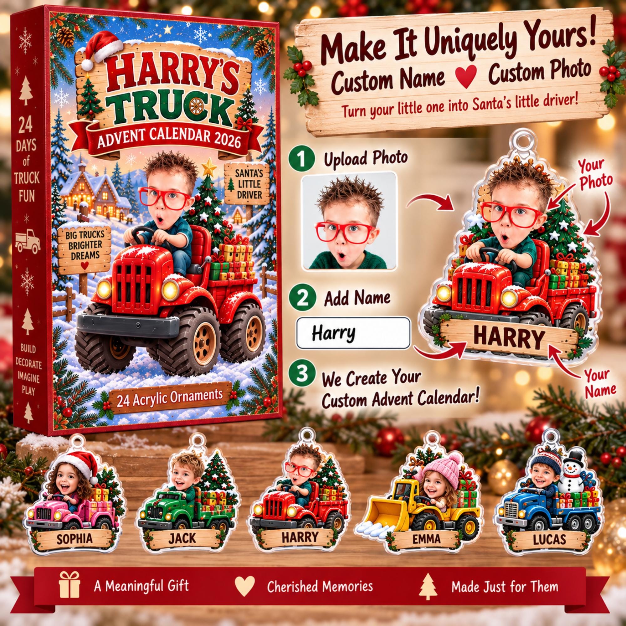 Personalized Truck Advent Calendar HG 2026, Custom Photo & Name, 24 Acrylic Truck Ornaments, Kids Christmas Countdown, Truck Lover Gift - Image 3