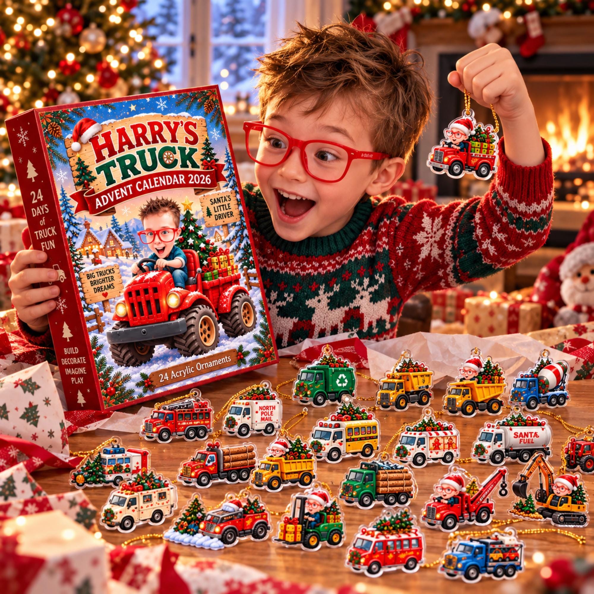 Personalized Truck Advent Calendar HG 2026, Custom Photo & Name, 24 Acrylic Truck Ornaments, Kids Christmas Countdown, Truck Lover Gift - Image 10