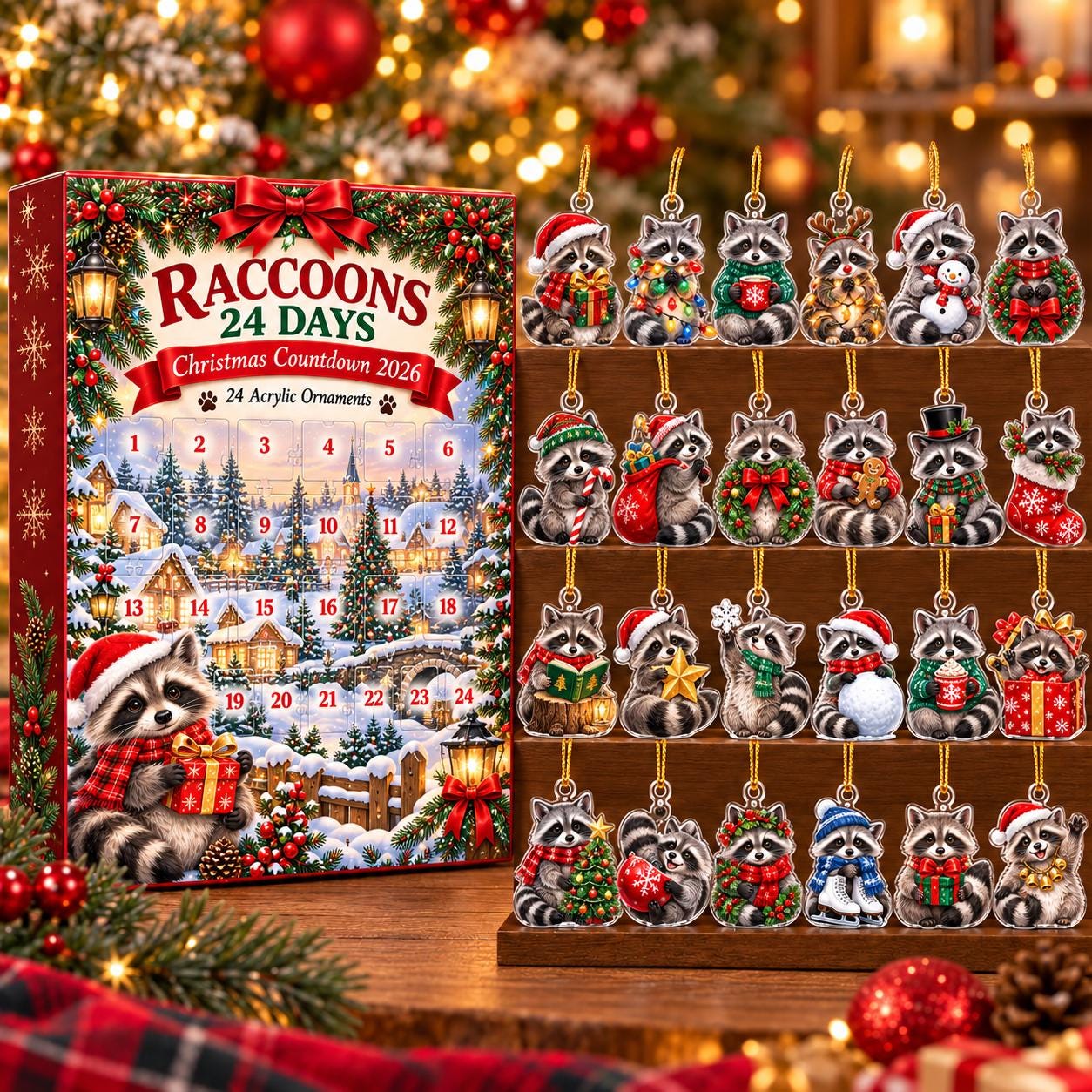 Raccoon Advent Calendar HG 2026, 24 Acrylic Ornament Christmas Countdown Blind Box, Raccoon Lover Holiday Gift