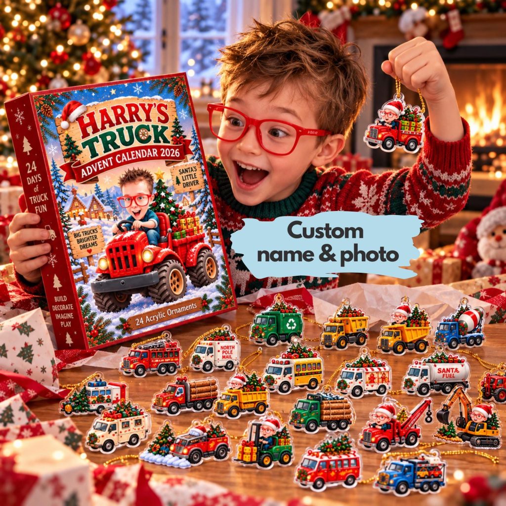 Personalized Truck Advent Calendar HG 2026, Custom Photo & Name, 24 Acrylic Truck Ornaments, Kids Christmas Countdown, Truck Lover Gift