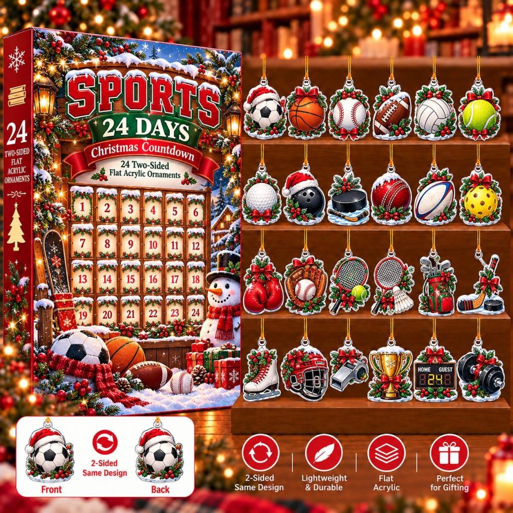 Sports Advent Calendar HG 2026, 24 Acrylic Ornament Christmas Countdown Blind Box, Sports Lover Holiday Gift