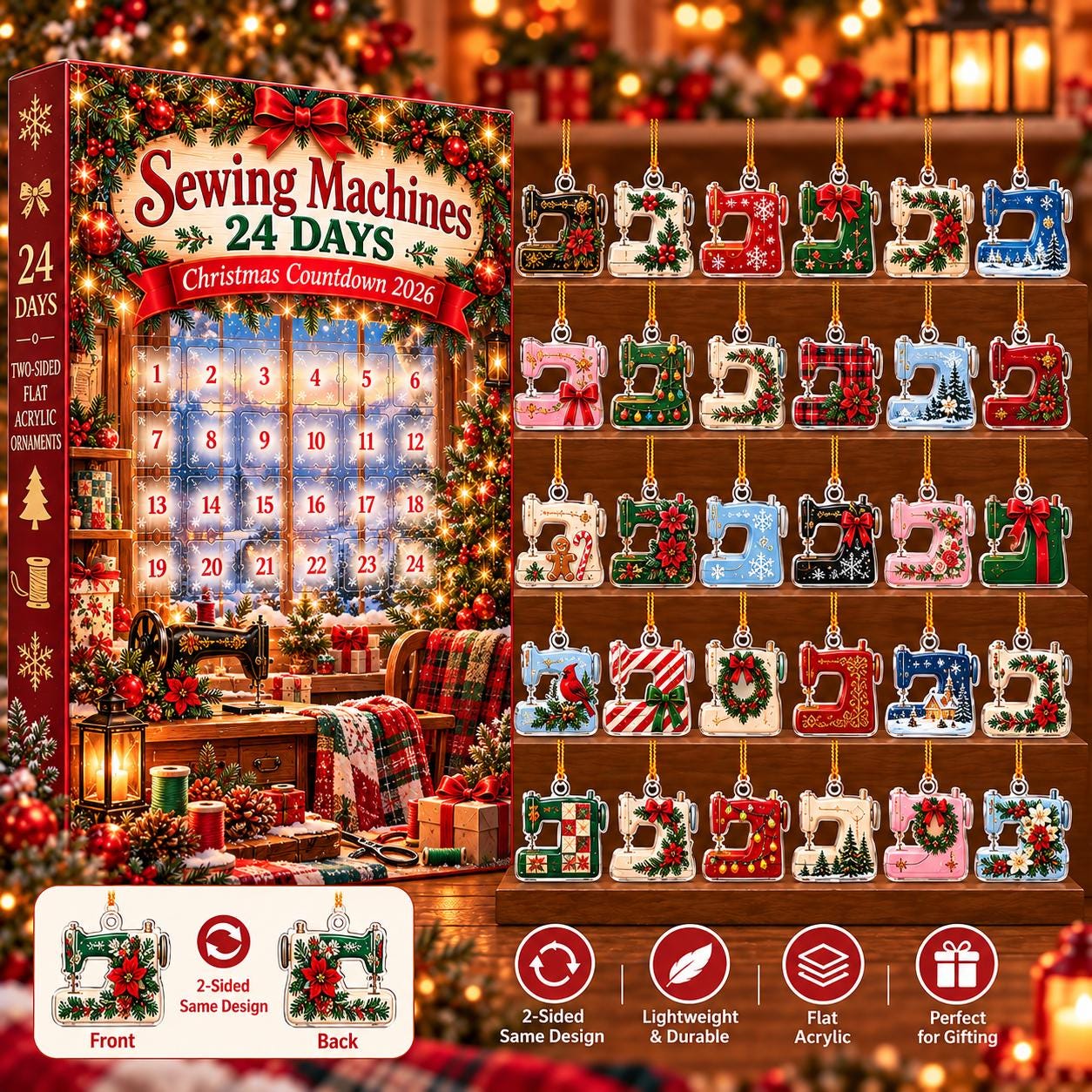 Sewing Machines Advent Calendar HG 2026, 24 Acrylic Ornament Christmas Countdown Blind Box, Sewing Lover Holiday Gift