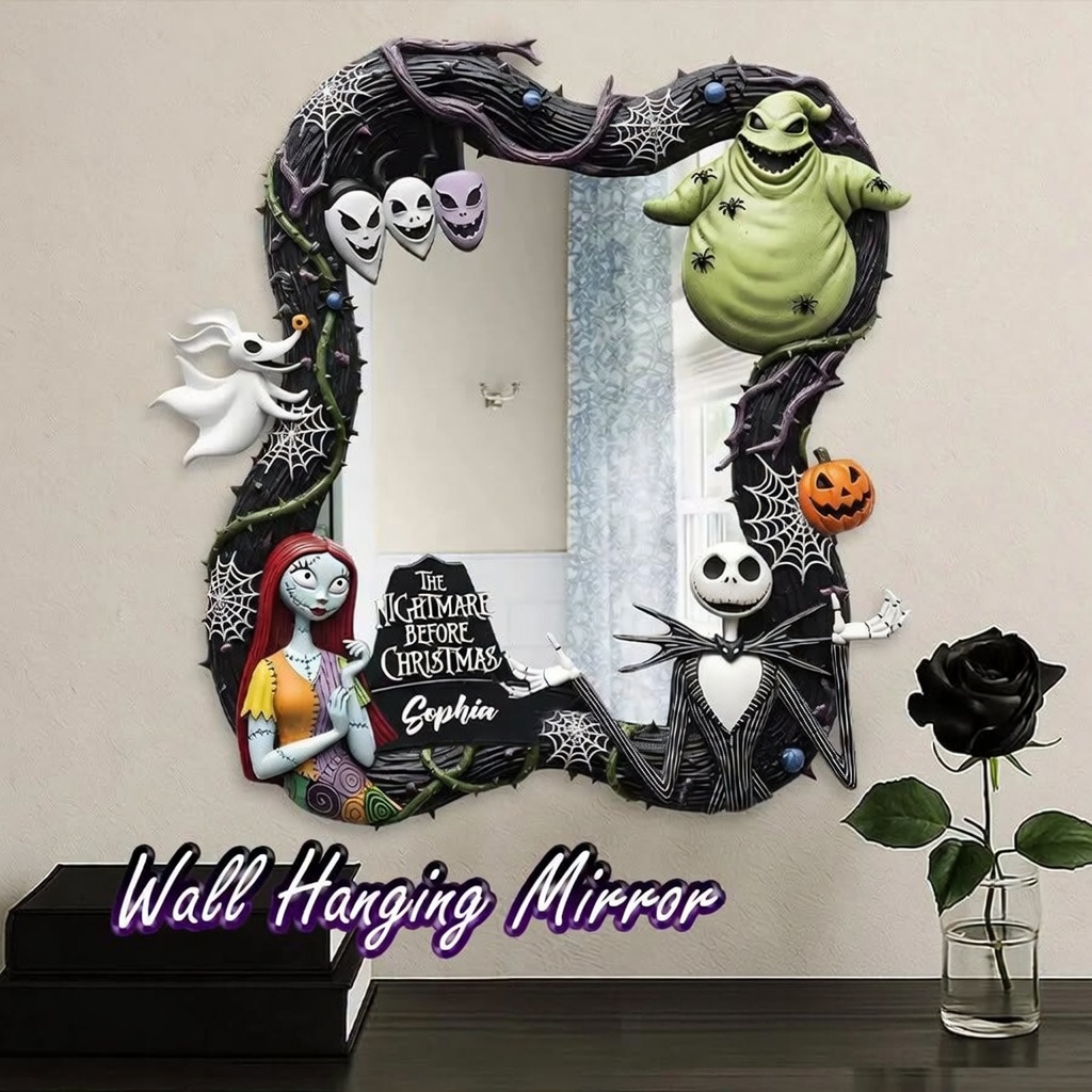 The Nightmare Before Christmas Mirror, Jack Skellington Sally Oogie Boogie Zero Halloween Wall Hanging Mirror, Custom Spooky Home Decor HG