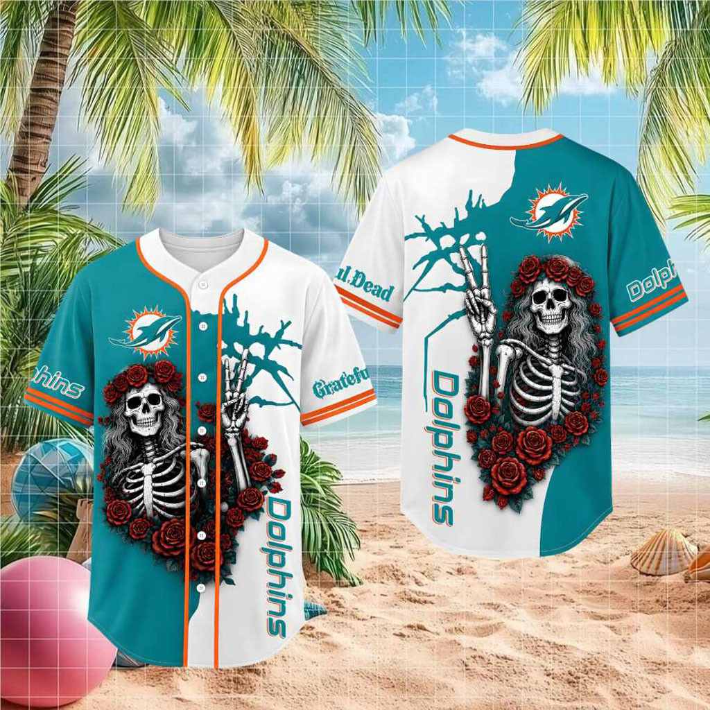 Miami Dolphins Skeleton Grateful Roses Baseball Jersey HG Dolphins Merch Gifts For Husband