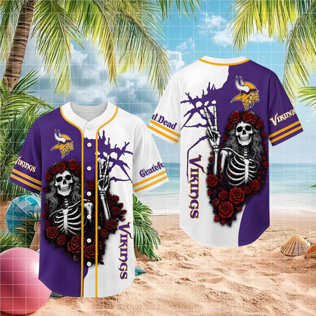 Minnesota Vikings Skeleton Grateful Roses Baseball Jersey HG Vikings Merch Gifts For Brother
