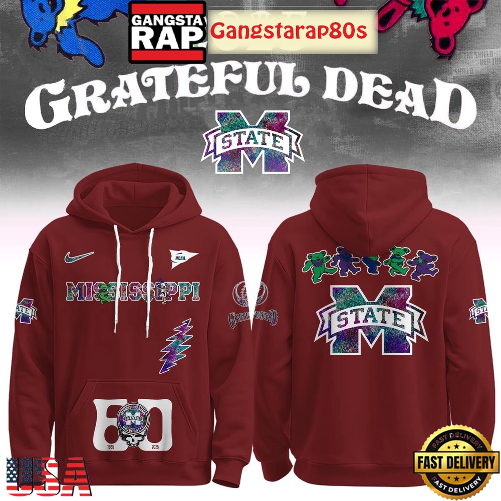 Mississippi State Bulldogs Grateful Dead 60 Years 2025 Special Edition All Over Print T-Shirt Hoodie Or Zip-up Hoodie LN