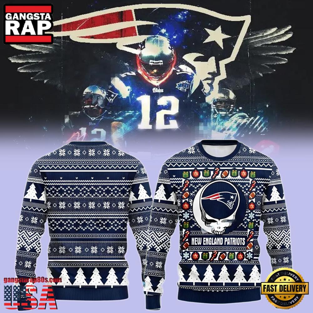 New England Patriots Grateful Dead Blue Christmas Ugly Sweater LN