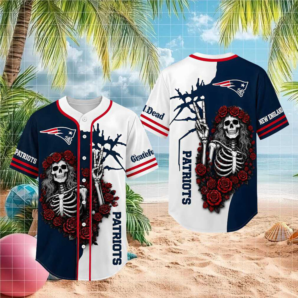 New England Patriots Skeleton Grateful Roses Baseball Jersey HG Patriots Merch Gifts For Brother