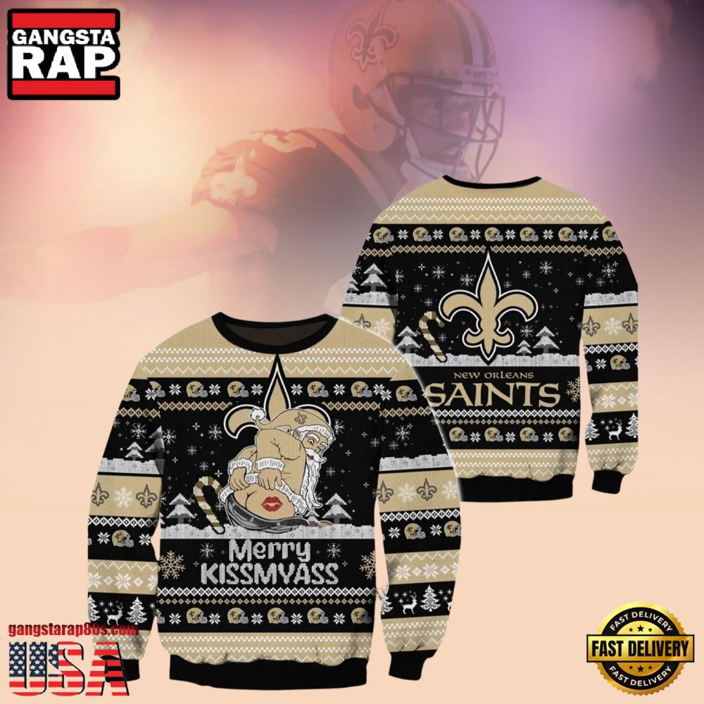 New Orleans Saints NFL Merrykissmyass Funny Santa Claus Christmas Ugly Sweater LNs