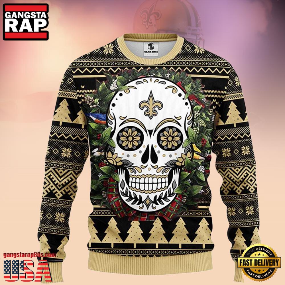 New Orleans Saints Skull Flower NFL Christmas Ugly Sweater LN